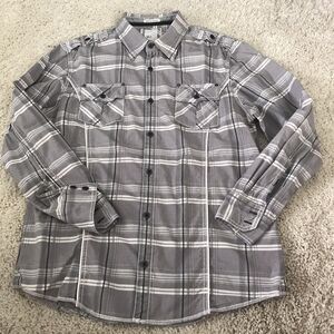 BKE Shirt Mens Long Sleeve Size XXL Slim Fit Stretch Gray Plaid Metal Button